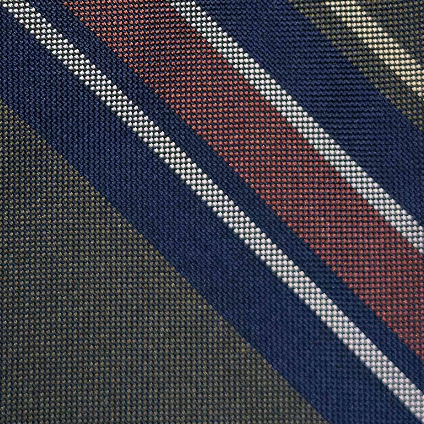 Exclusive striped tie made with soft panama silk, army green background, orange, navy blue, silver grey striped ties, explore collection of hand made men's ties