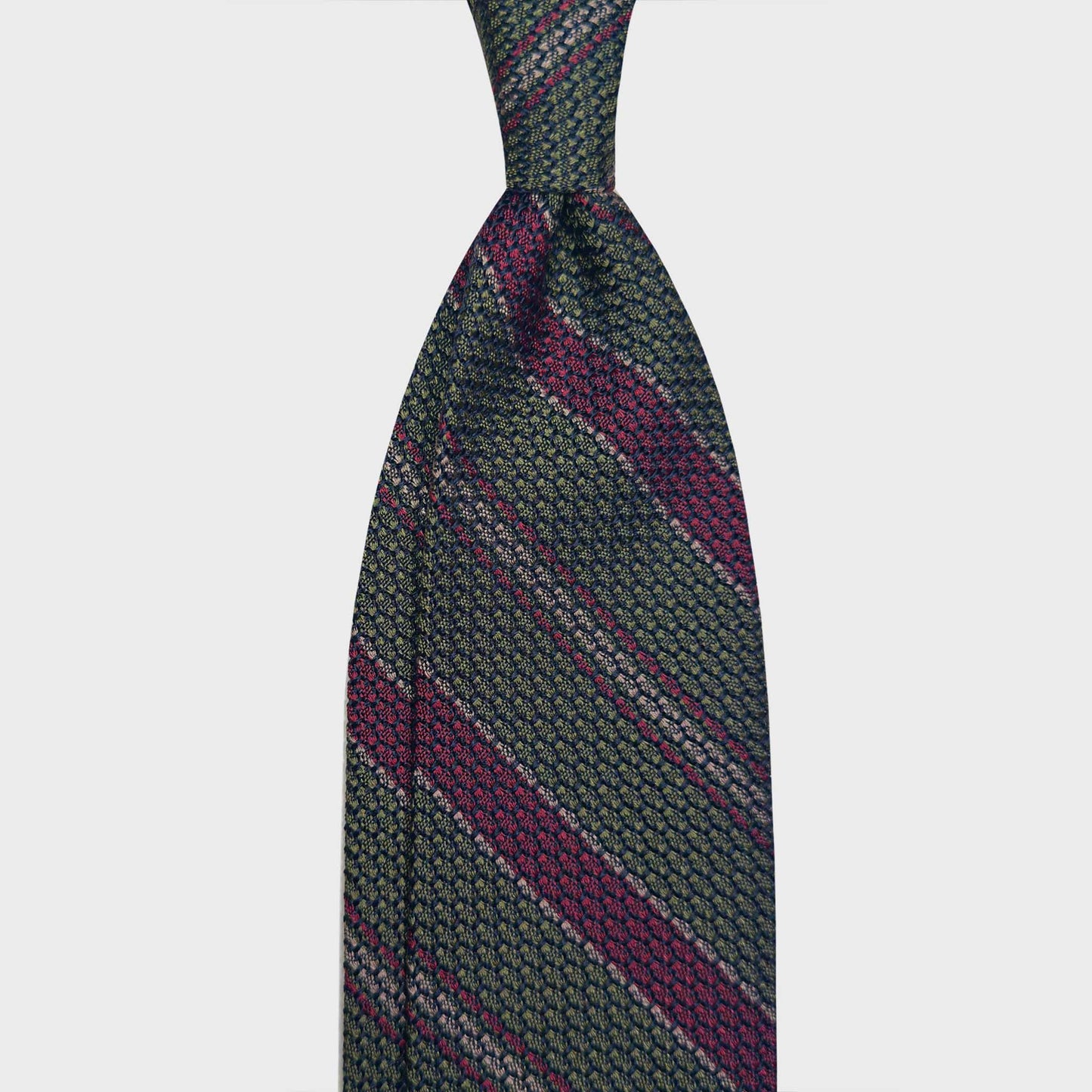 Army Green Regimental Silk Tie Grenadine Large Gauze. Classic large gauze grenadine silk tie, hand made striped tie exclusive for men's tie store Wools Boutique Uomo Geneva, army green striped regimental ties