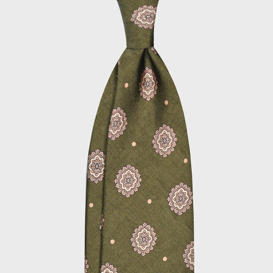 Vintage Medallions Army Green Silk Tie. Exclusive handmade satin silk tie, army green background with sand beige pois and vintage medallions pattern, hand rolled edge unlined, handmade tie by F.Marino Napoli exclusive for Wools Boutique Uomo