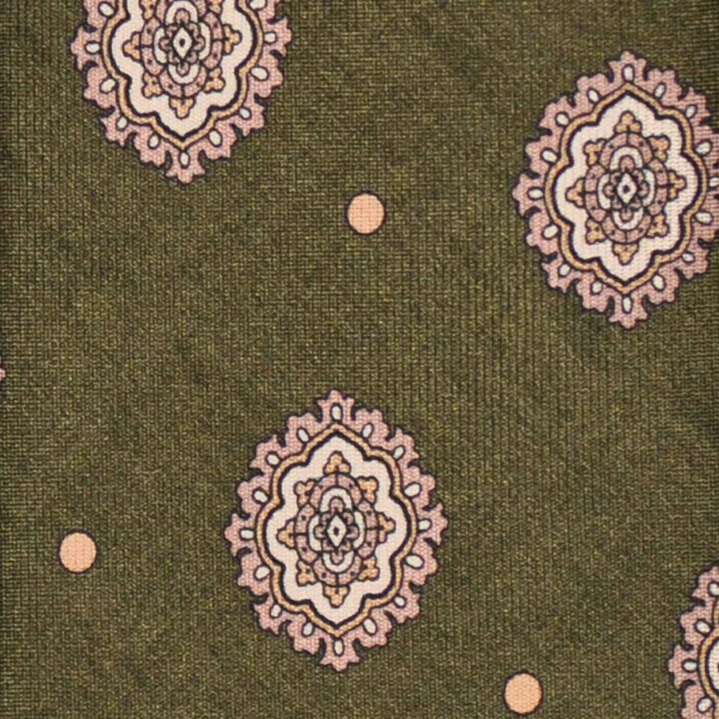 Load image into Gallery viewer, Vintage Medallions Army Green Silk Tie. Exclusive handmade satin silk tie, army green background with sand beige pois and vintage medallions pattern
