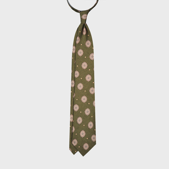 Vintage Medallions Army Green Silk Tie. Exclusive handmade satin silk tie, army green background with sand beige pois and vintage medallions pattern