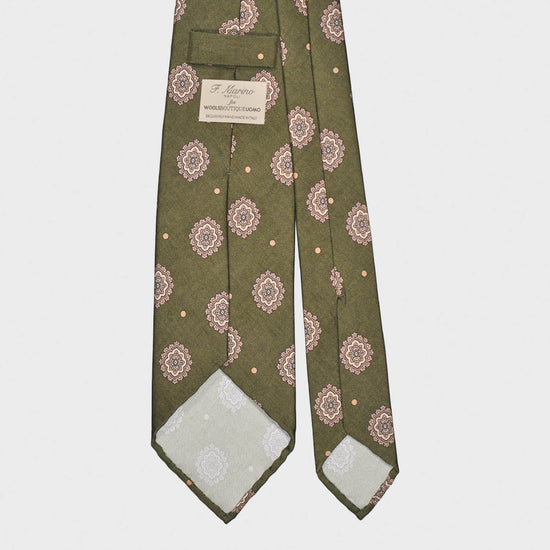 Vintage Medallions Army Green Silk Tie. Exclusive handmade satin silk tie, army green background with sand beige pois and vintage medallions pattern