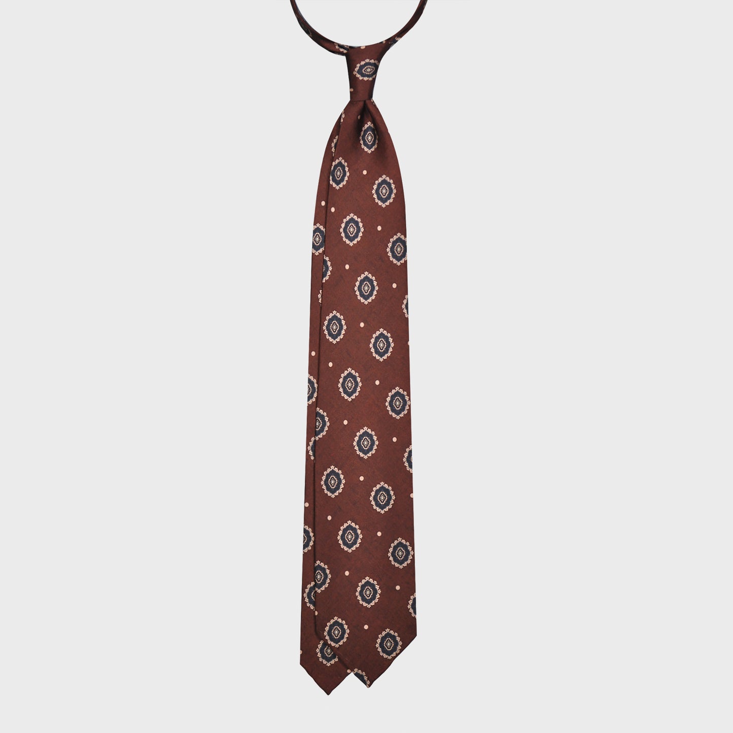 F.Marino Satin Silk Tie 3 Folds Medallions Chocolate Brown-Wools Boutique Uomo