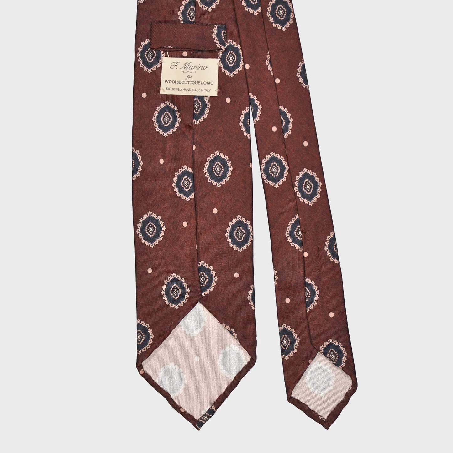 F.Marino Satin Silk Tie 3 Folds Medallions Chocolate Brown-Wools Boutique Uomo