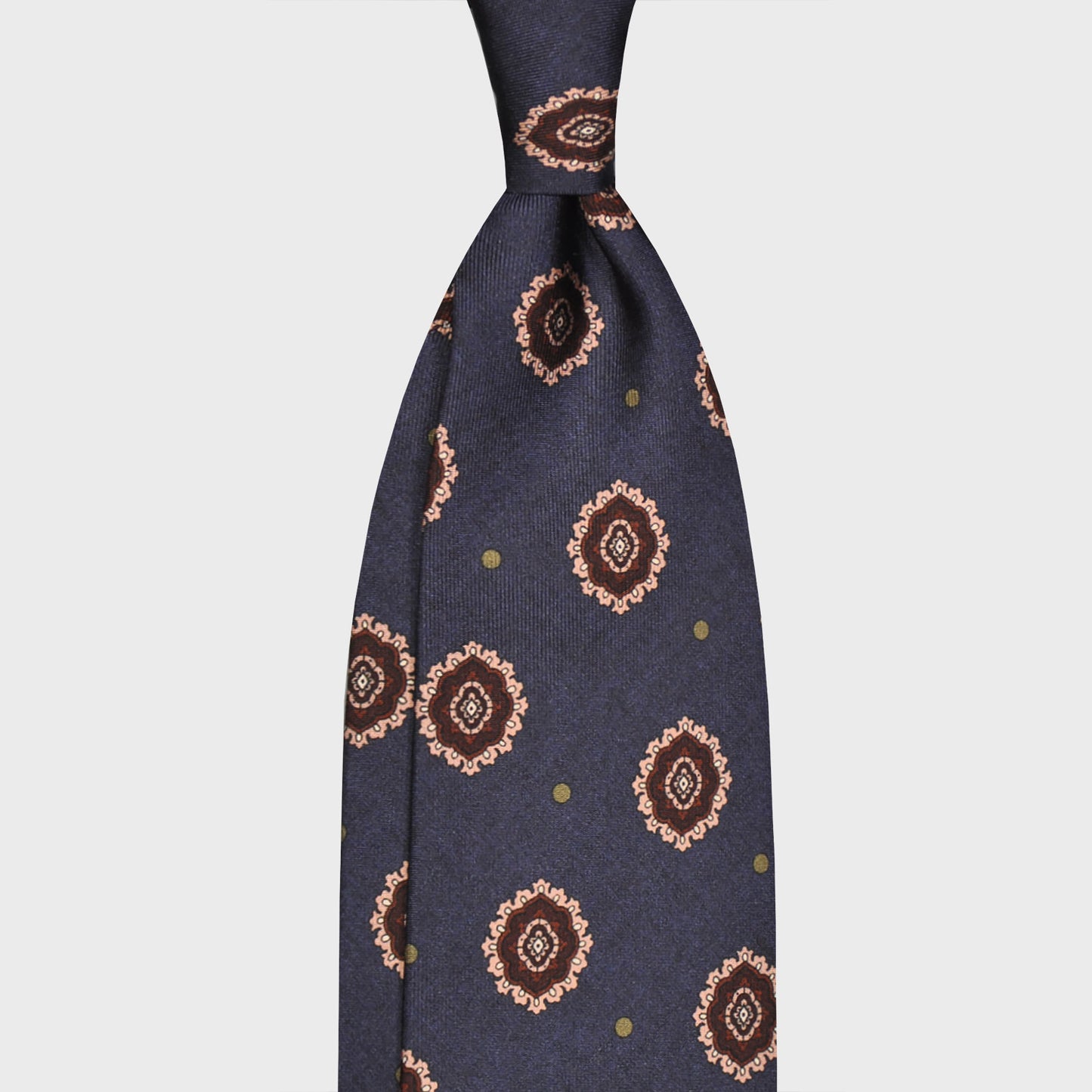 F.Marino Satin Silk Tie 3 Folds Medallions Indigo Blue-Wools Boutique Uomo