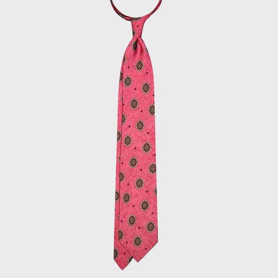 F.Marino Satin Silk Tie 3 Folds Medallions Strawberry Pink-Wools Boutique Uomo