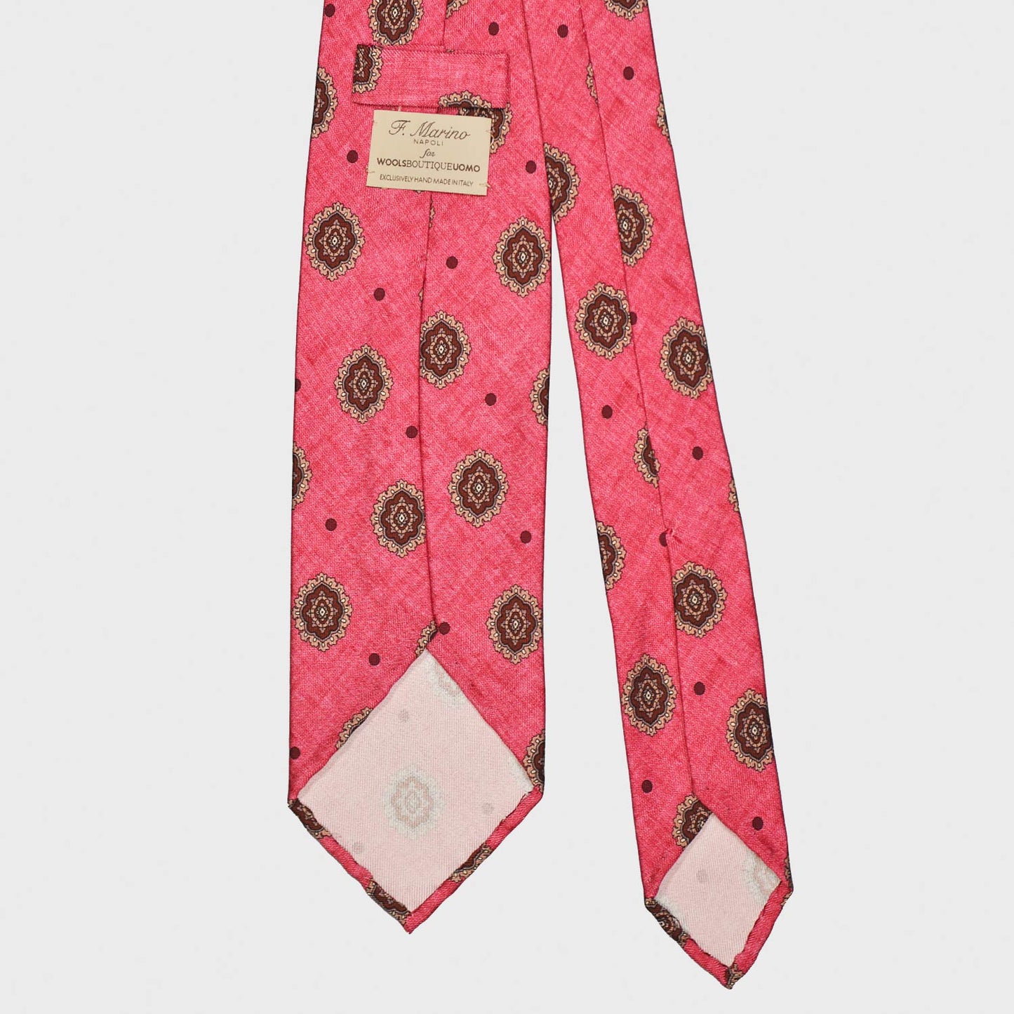 F.Marino Satin Silk Tie 3 Folds Medallions Strawberry Pink-Wools Boutique Uomo