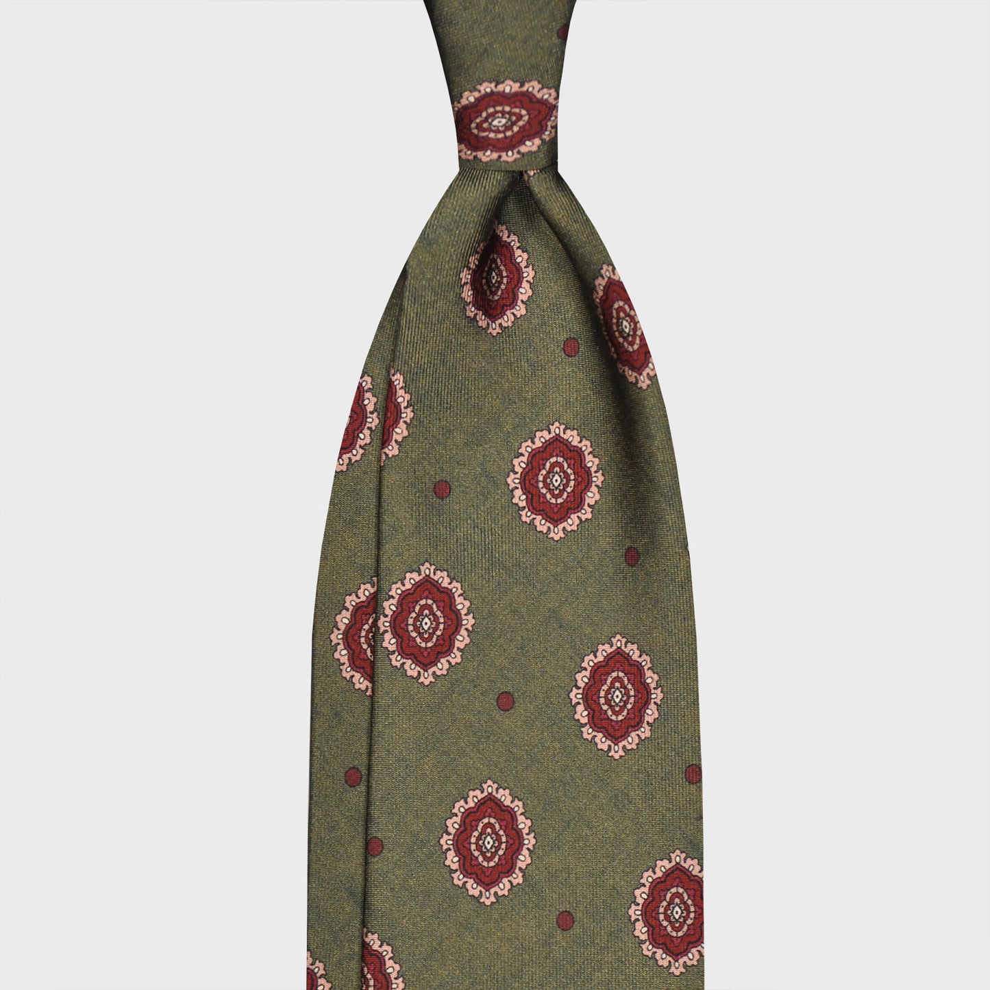 F.Marino Satin Silk Tie 3 Folds Medallions Moss Green-Wools Boutique Uomo