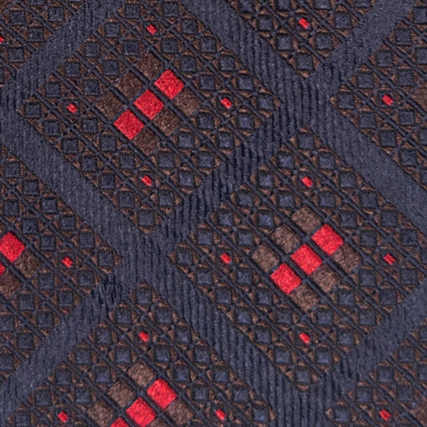 men’s tie store Geneva dark brown silk tie navy grid red accents detail