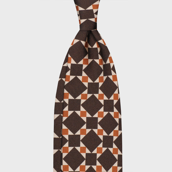 Coffee Brown Mosaic Pattern Silk Tie. Exclusive silk tie made with finest Italian silk soft to the touch, sand beige background with coffee brown and orange mosaic pattern, unlined tie 3 folds, F.Marino Napoli ties exclusive for Wools Boutique Uomo