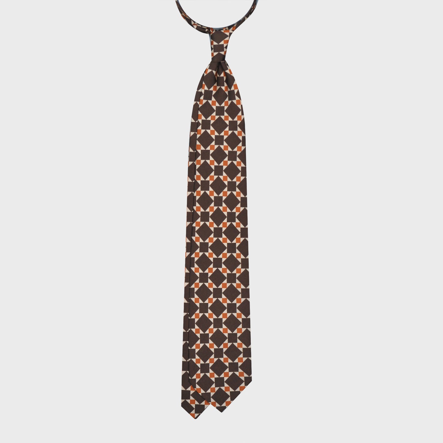 Exclusive silk tie made with finest Italian silk soft to the touch, sand beige background with coffee brown and orange mosaic pattern, unlined tie 3 folds, F.Marino Napoli ties exclusive for Wools Boutique Uomo