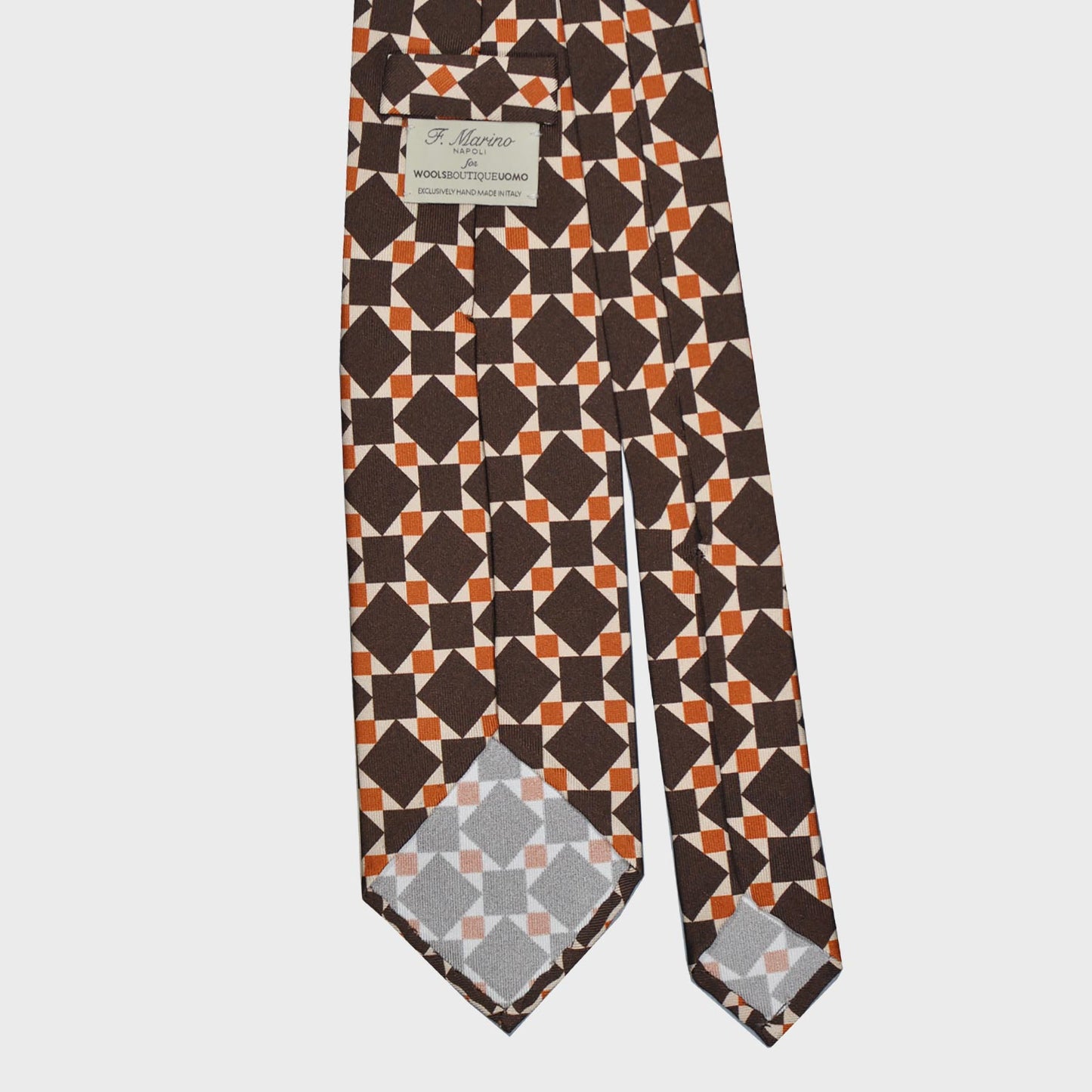 Exclusive silk tie made with finest Italian silk soft to the touch, sand beige background with coffee brown and orange mosaic pattern, unlined tie 3 folds, F.Marino Napoli ties exclusive for Wools Boutique Uomo