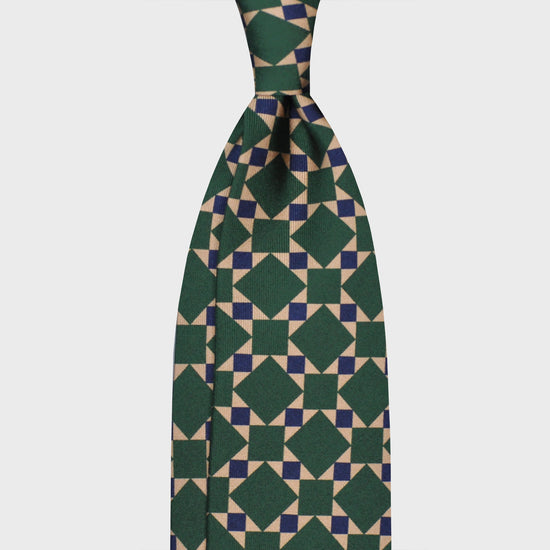 Grass Green Mosaic Pattern Silk Tie. Exclusive silk tie made with finest Italian silk soft to the touch, sand beige background with grass green and cobalt blue mosaic pattern, unlined tie 3 folds, F.Marino Napoli ties exclusive for Wools Boutique Uomo