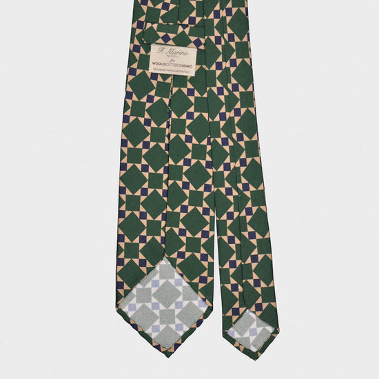 Exclusive silk tie made with finest Italian silk soft to the touch, sand beige background with grass green and cobalt blue mosaic pattern, unlined tie 3 folds, F.Marino Napoli ties exclusive for Wools Boutique Uomo