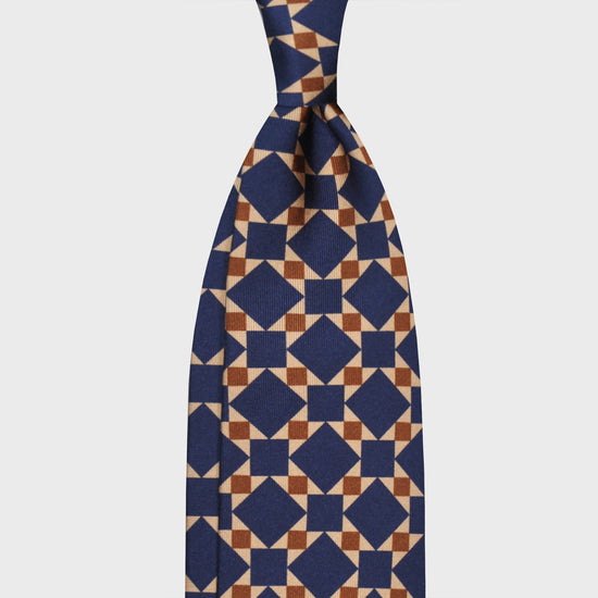Cobalt Blue Mosaic Pattern Silk Tie. Exclusive silk tie made with finest Italian silk soft to the touch, sand beige background with cobalt blue and rust brown mosaic pattern, unlined tie 3 folds, F.Marino Napoli ties exclusive for Wools Boutique Uomo