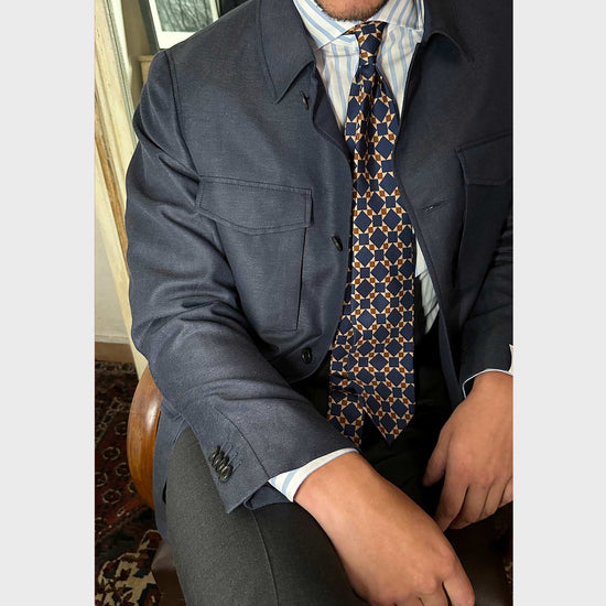 Cobalt Blue Mosaic Pattern Silk Tie. Exclusive silk tie made with finest Italian silk soft to the touch, sand beige background with cobalt blue and rust brown mosaic pattern, unlined tie 3 folds, F.Marino Napoli ties exclusive for Wools Boutique Uomo