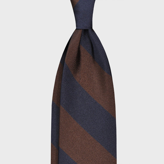 Coffee Brown Wide Striped Regimental Jacquard Silk Tie. Timeless jacquard silk tie with wide striped coffee brown and navy blue, handmade in Italy by F.Marino Napoli exclusive for Wools Boutique Uomo, unlined regimental tie 3 folds hand rolled edge.