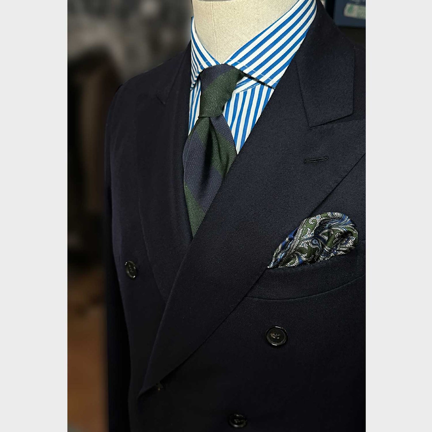 Pine Green Wide Striped Regimental Jacquard Silk Tie. Classic jacquard silk tie with wide striped pine green and navy blue, handmade in Italy by F.Marino Napoli exclusive for Wools Boutique Uomo