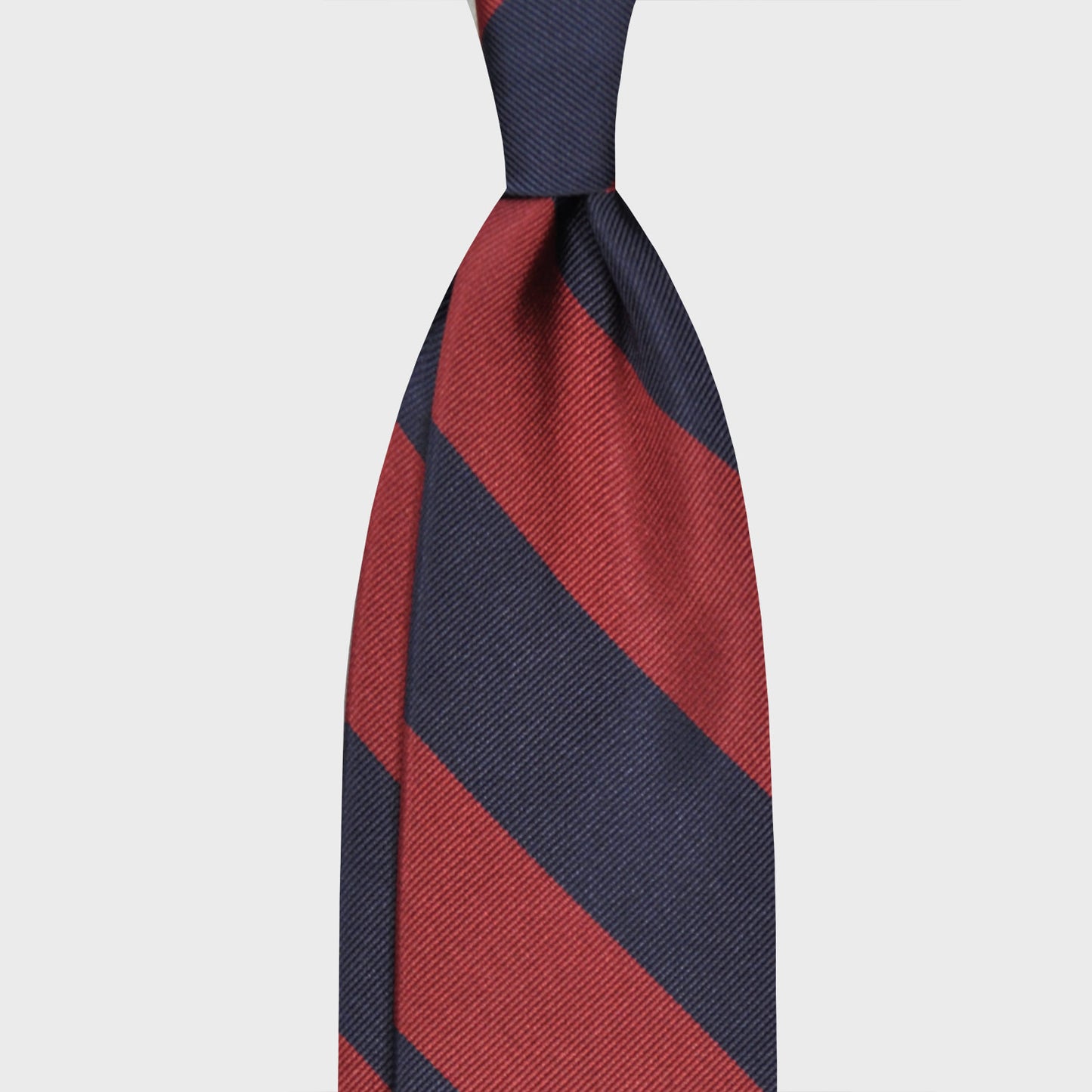 Load image into Gallery viewer, Chili Red Wide Striped Regimental Jacquard Silk Tie. Classic jacquard silk tie with wide striped chili red and navy blue, handmade in Italy by F.Marino Napoli exclusive for Wools Boutique Uomo, unlined regimental red tie 3 folds hand rolled edge.
