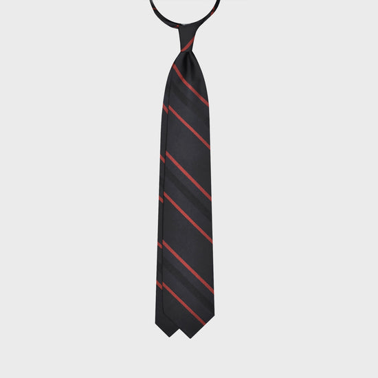 Load image into Gallery viewer, Black Silk Necktie Striped. Elegant striped silk tie, refined black background with lobster red striped, handmade in Italy by F.Marino Napoli exclusive for Wools Boutique Uomo
