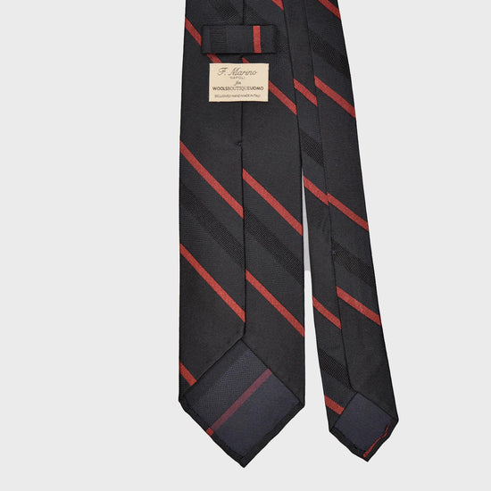 Load image into Gallery viewer, Black Silk Necktie Striped. Elegant striped silk tie, refined black background with lobster red striped, handmade in Italy by F.Marino Napoli exclusive for Wools Boutique Uomo
