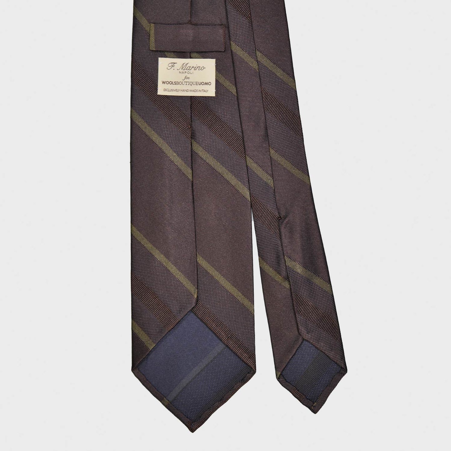 Load image into Gallery viewer, Wengè Brown Regimental Silk Tie. Elegant striped silk necktie, refined wengè brown background with army green striped
