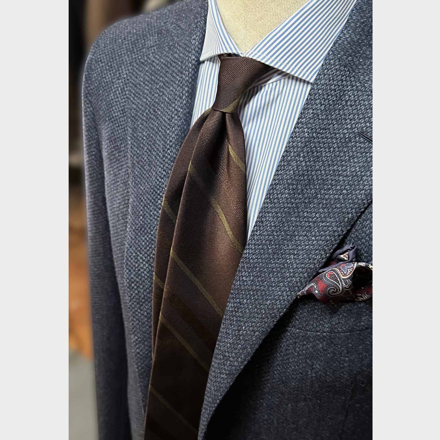 Load image into Gallery viewer, Wengè Brown Regimental Silk Tie. Elegant striped silk necktie, refined wengè brown background with army green striped, handmade in Italy by F.Marino Napoli
