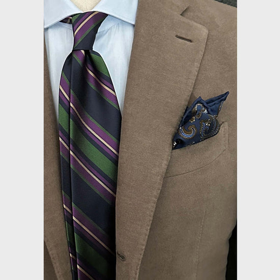Multi coloured striped tie, jacquard silk navy blue background and green violet gold multi striped, handmade in Italy by F.Marino Napoli exclusive for Wools Boutique Uomo, unlined regimental tie 3 folds hand rolled edge