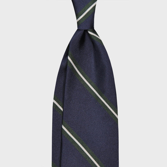 Green Striped Regimental Jacquard Silk Tie. Elegant jacquard silk tie, navy blue background, small striped pine green and silver grey, handmade in Italy by F.Marino Napoli exclusive for Wools Boutique Uomo, unlined club tie 3 folds hand rolled edge.
