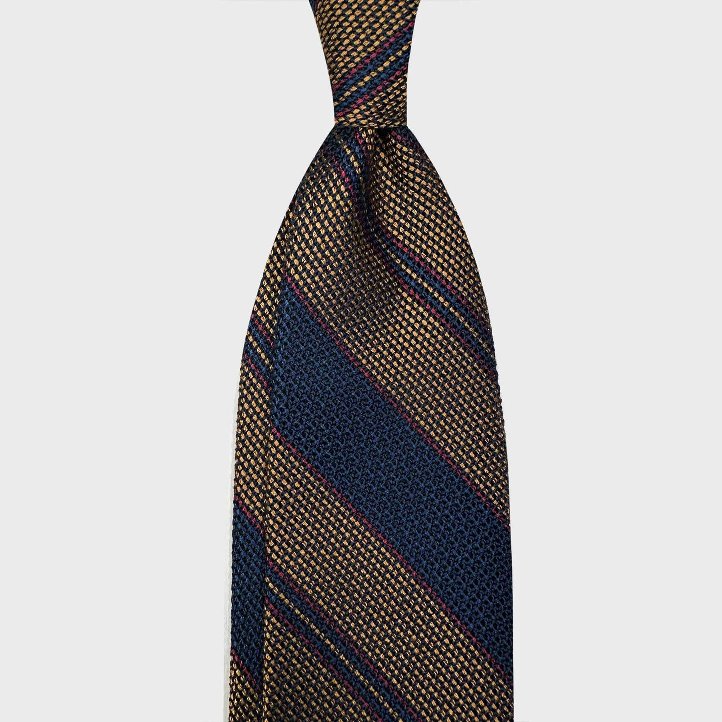 Yellow Gold Multi Striped Silk Tie Grenadine Small Gauze. Multi striped silk tie small gauze grenadine, navy blue and yellow gold multi striped ties, magasin vetement homme suisse, boutique de cravates geneve