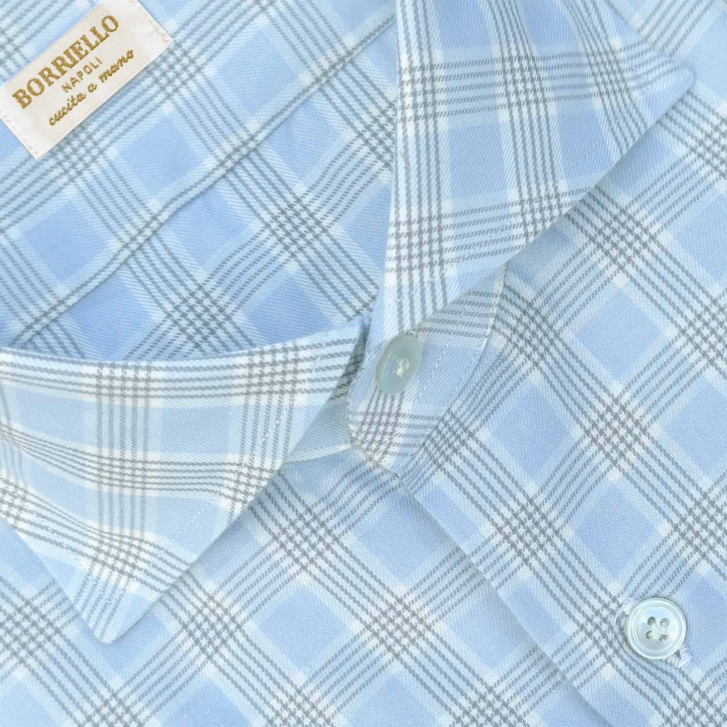 Light Blue Soft Cotton Flannel Windowpane Shirt Hand Made in Italy exclusively in Wools Boutique Uomo men's tailoring shirts in geneva