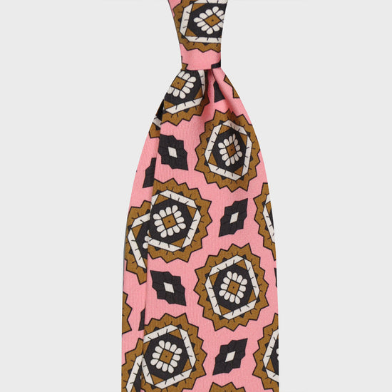 Handmade Silk Tie Pink Geometric Mandala Pattern. Light pink silk tie, clay brown and navy blue white geometric mandala medallions pattern, unlined 3 folds, handmade tie F.Marino Napoli for Wools Boutique Uomo