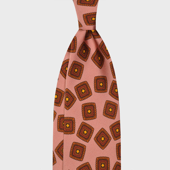 Antique Pink Silk Tie Unlined Classic Medallions. Elegant brown silk tie, antique pink background with rust brown and yellow medallions pattern, handmade in Italy F.Marino Napoli tie for Wools Boutique Uomo