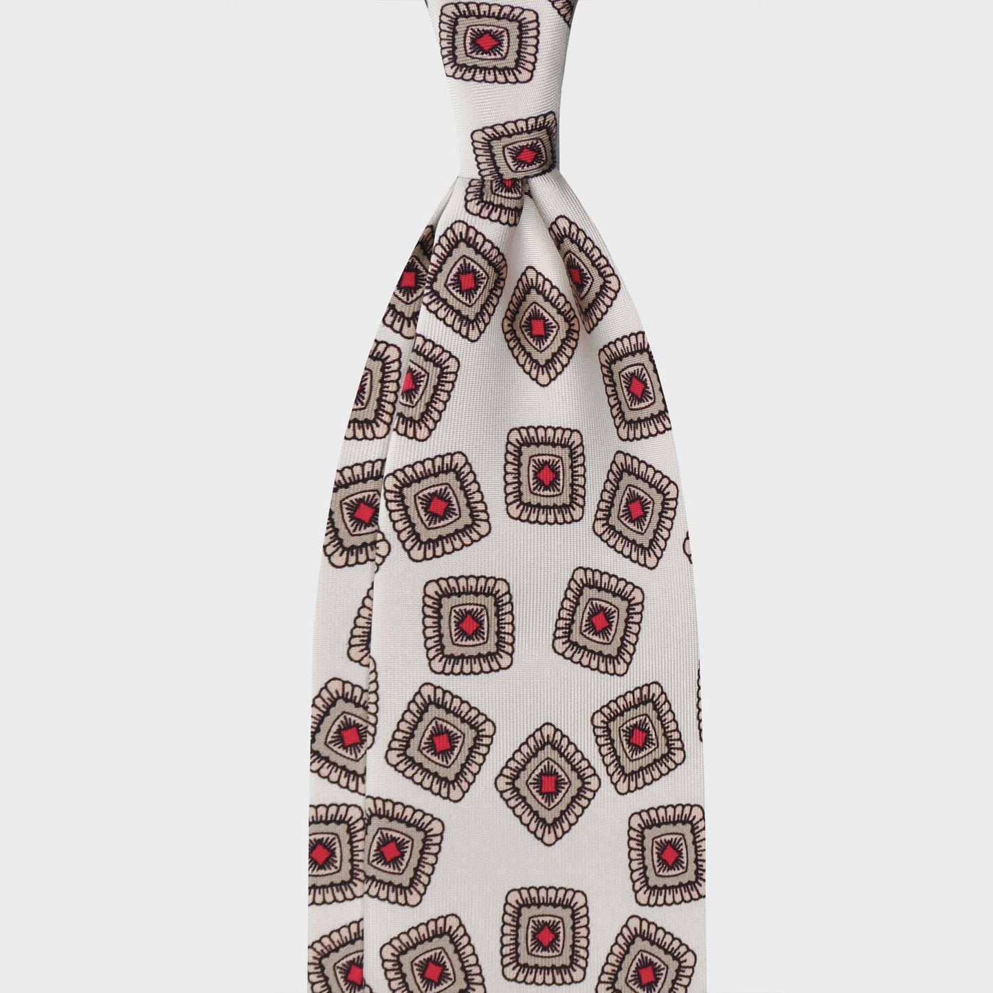 Ivory White Silk Tie Unlined Classic Medallions. Elegant brown silk tie, ivory white background with sand beige and red medallions pattern, handmade in Italy F.Marino Napoli tie for Wools Boutique Uomo