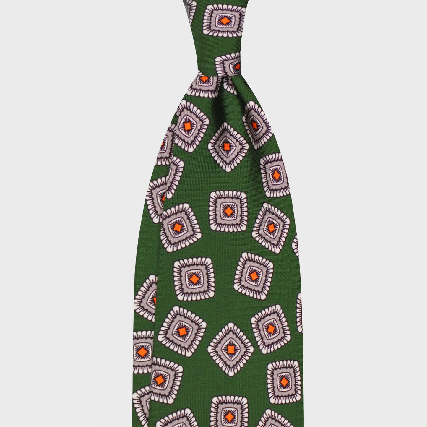 Pine Green Silk Tie Unlined Classic Medallions. Elegant blue silk tie, pine green background with grey and orange medallions pattern, handmade in Italy F.Marino Napoli tie for Wools Boutique Uomo