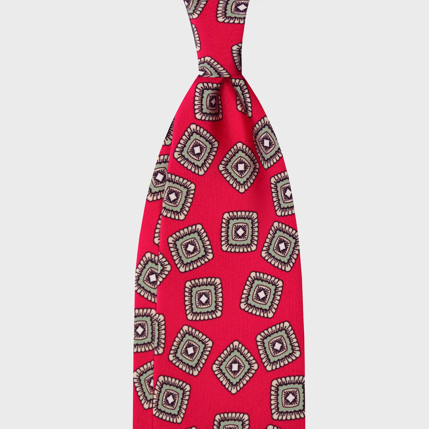 Crimson Red Silk Tie Unlined Classic Medallions. Refined red silk tie, crimson red background is slightly bluish-red colors that are between red and rose, sage green and sand beige medallions pattern, handmade in Italy F.Marino Napoli tie for Wools Boutique Uomo