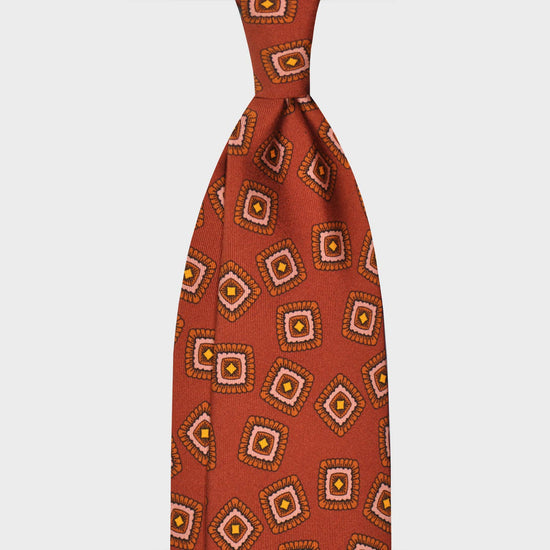Copper Brown Silk Tie Unlined Classic Medallions. Elegant brown silk tie, copper brown background with rust brown and pink medallions pattern, handmade in Italy F.Marino Napoli tie for Wools Boutique Uomo