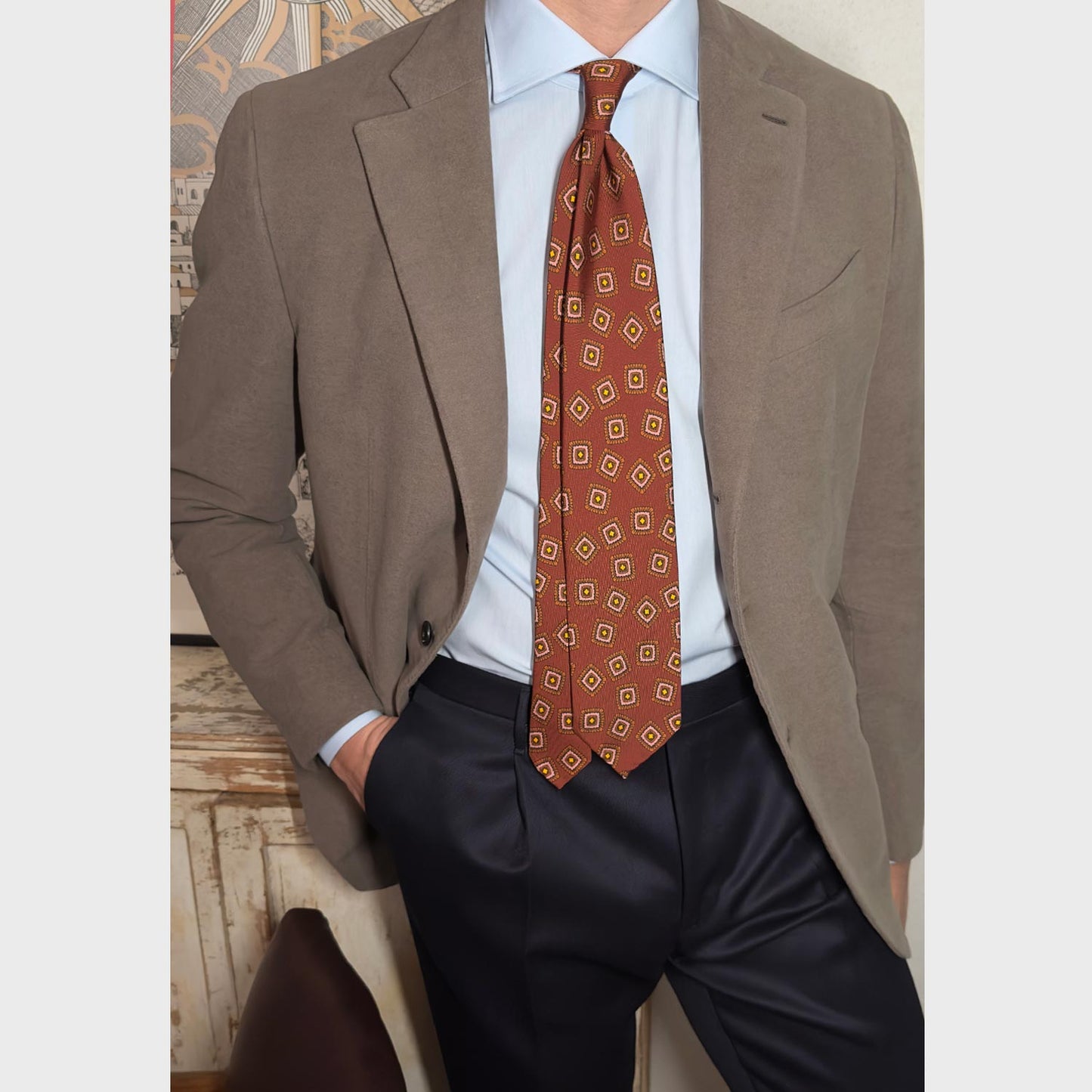 Copper Brown Silk Tie Unlined Classic Medallions