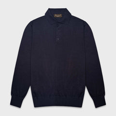 Polo Doriani à manches longues en laine, soie et cachemire bleu marine