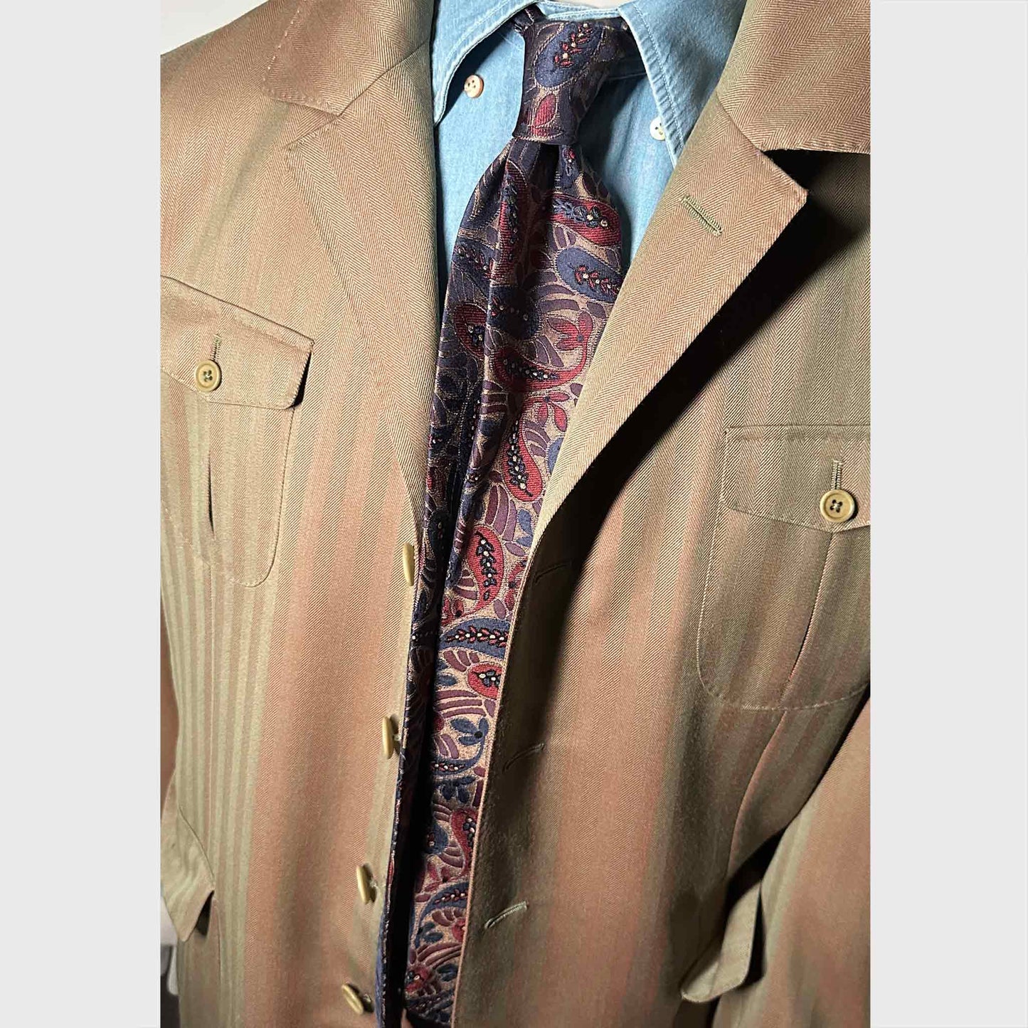 Men's  outfit with Paisley Silk Tie Bronze Burgundy Denim Blue