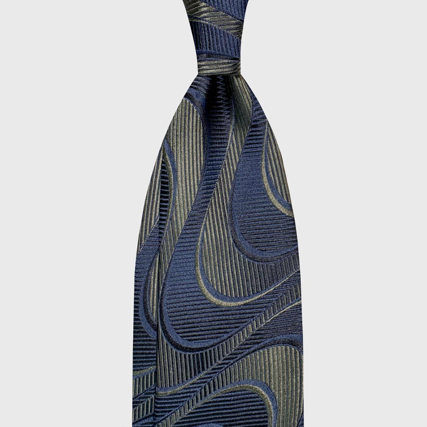 Navy Blue Silk Tie Modernist Deco Wave Pattern. Navy blue silk tie featuring a textured Modernist Deco wave pattern in olive green tones. A refined jacquard design inspired by mid-century modern interiors, ideal for distinctive formal and contemporary business attire.