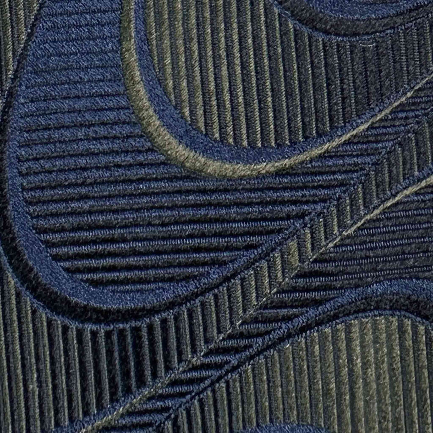 Details of Navy Blue Silk Tie Modernist Deco Wave Pattern.