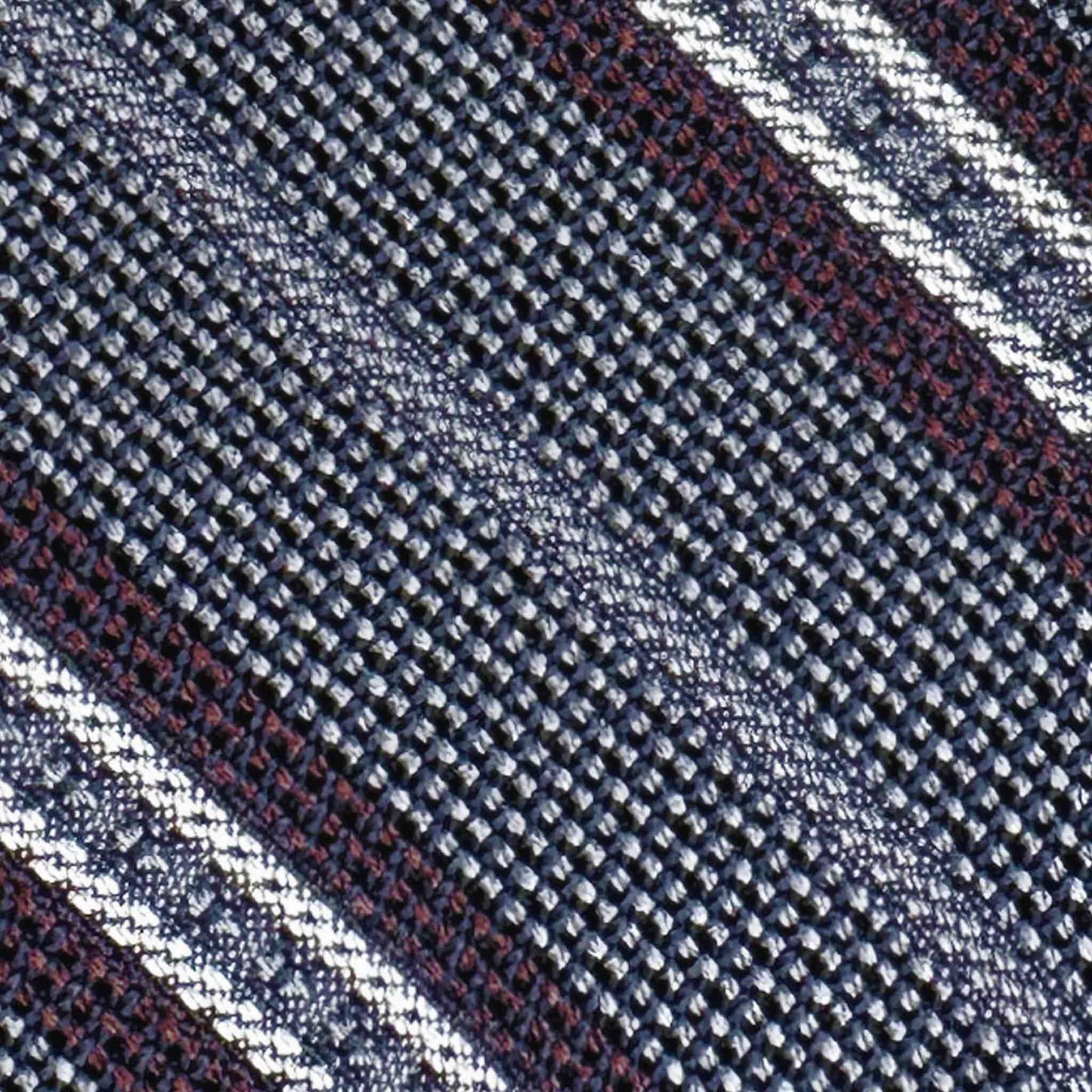 F.Marino grenadine silk textured weave tie iron grey silver burgundy stripe detail