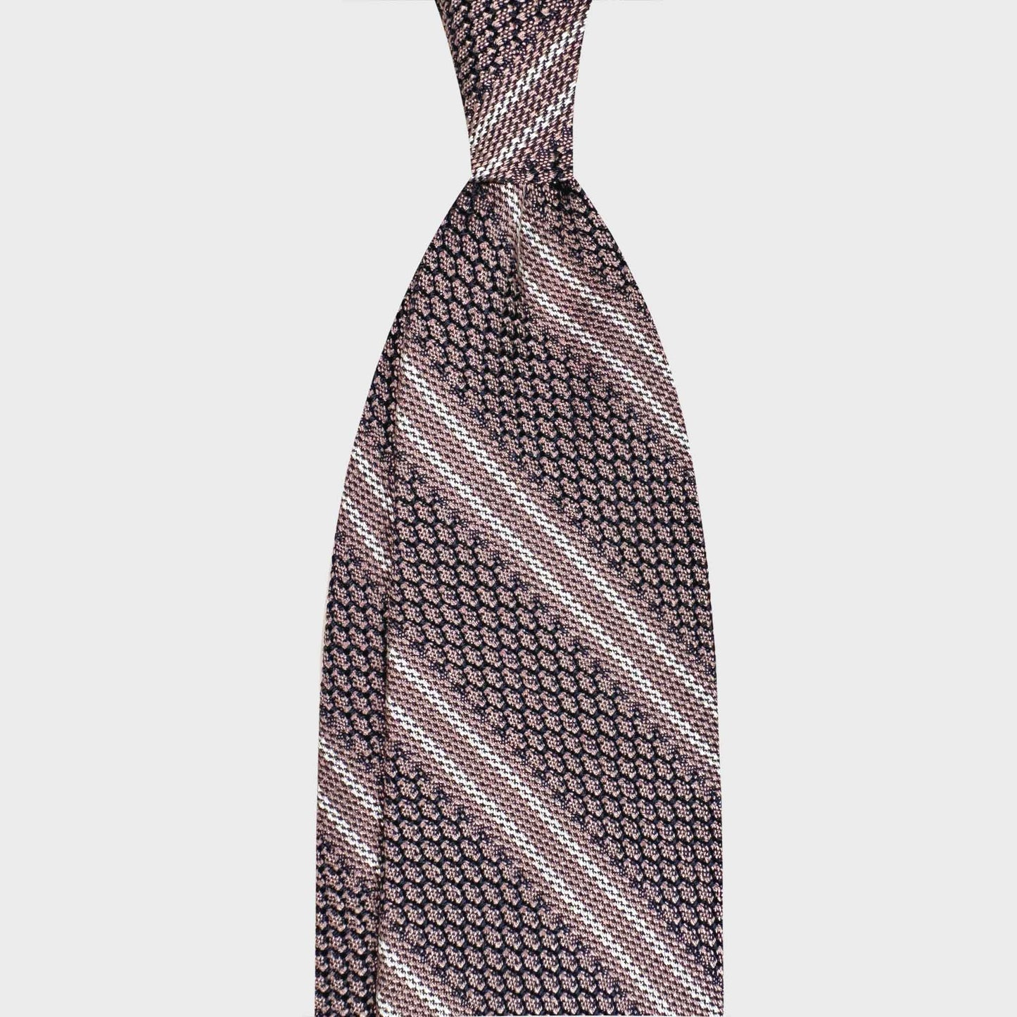 Handmade F.Marino grenadine large gauze silk tie in champagne rose with white regimental stripes. Crafted in Naples for Wools Boutique Uomo Geneva.