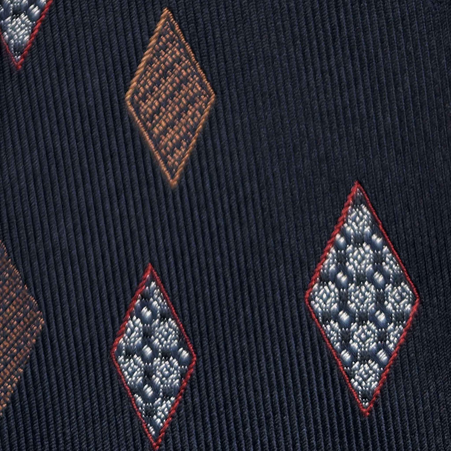 Details of Navy Blue Silk Tie Classic Diamond Medallions.