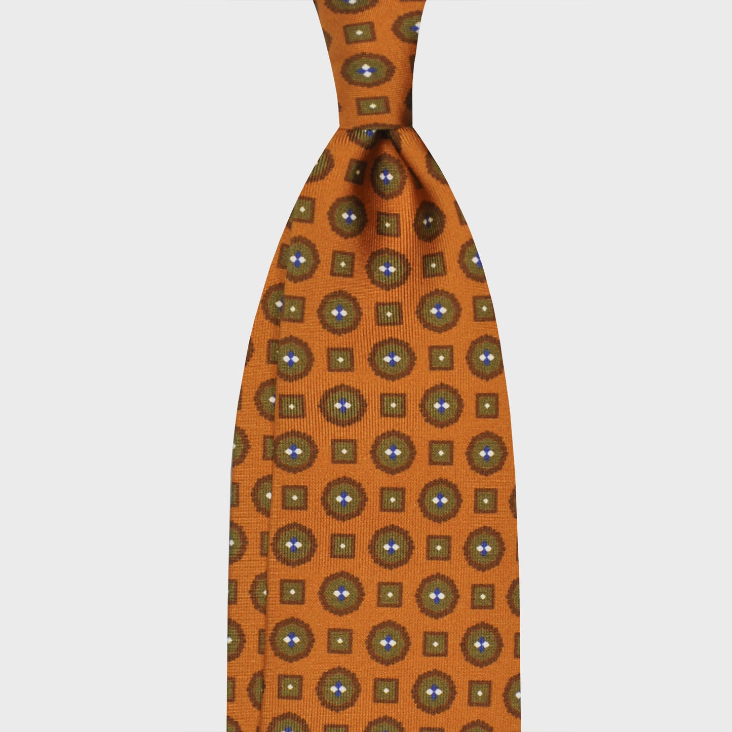 Caramel Brown Silk Tie Elegant Micro Diamonds Pattern. Refined caramel brown silk tie with army green micro diamonds pattern, unlined 3 folds, handmade tie F.Marino Napoli for Wools Boutique Uomo