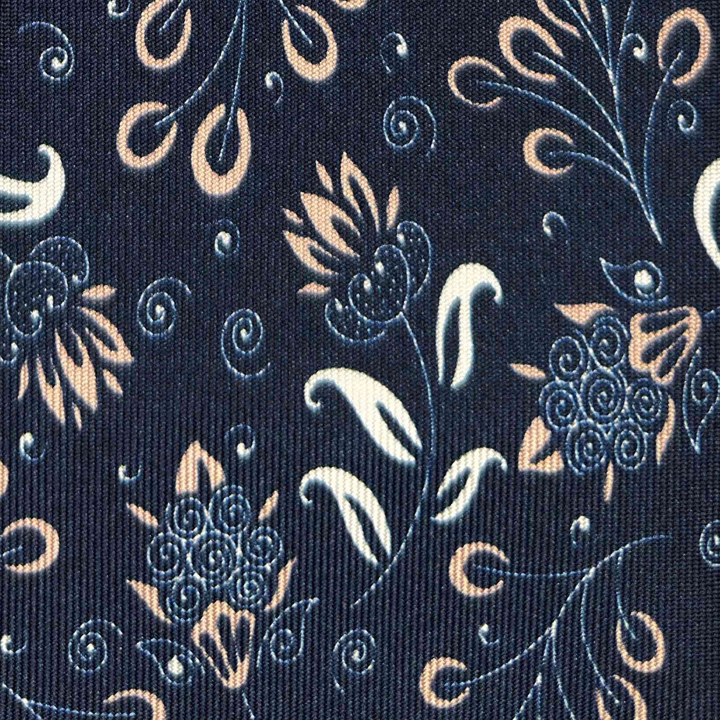 Detail of Liberty floral and botanical pattern on navy blue silk tie