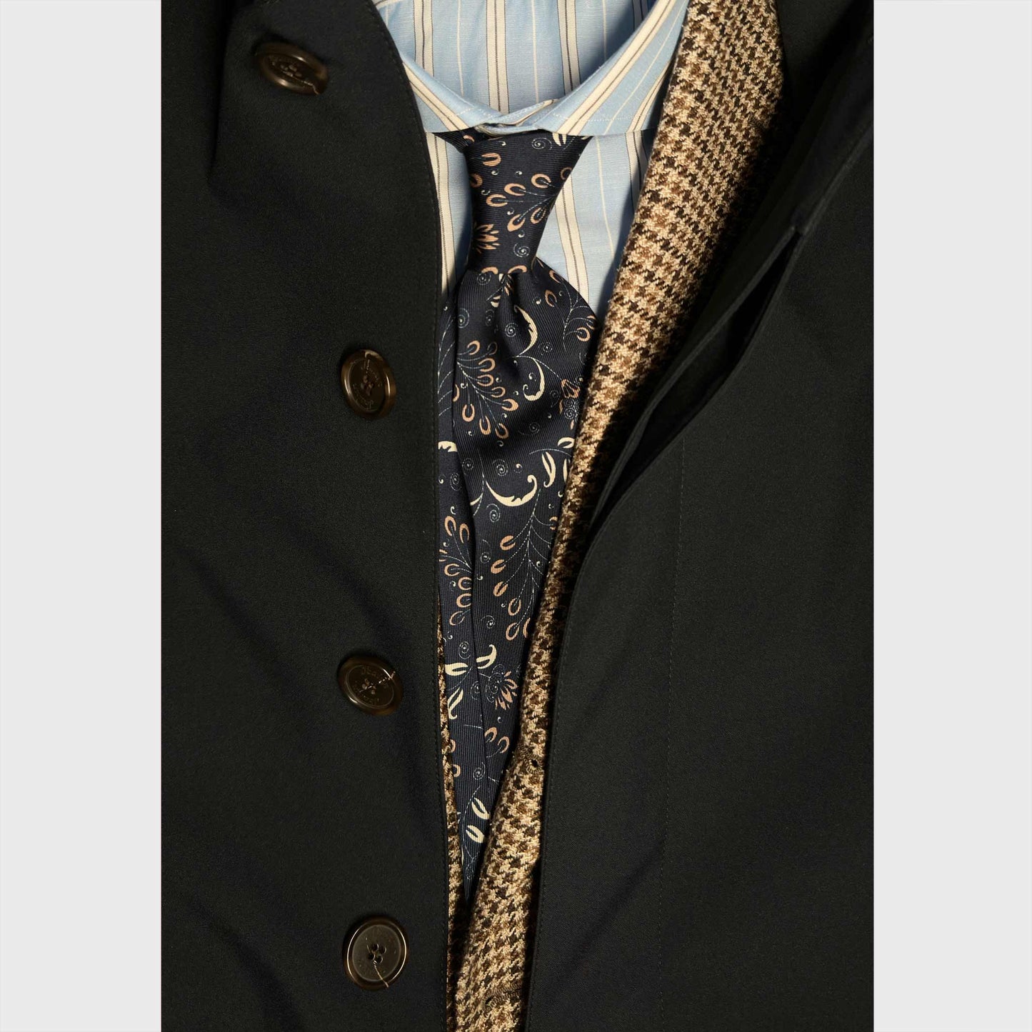 Men's outfit with Liberty Silk Tie Botanic Pattern Navy Blue
