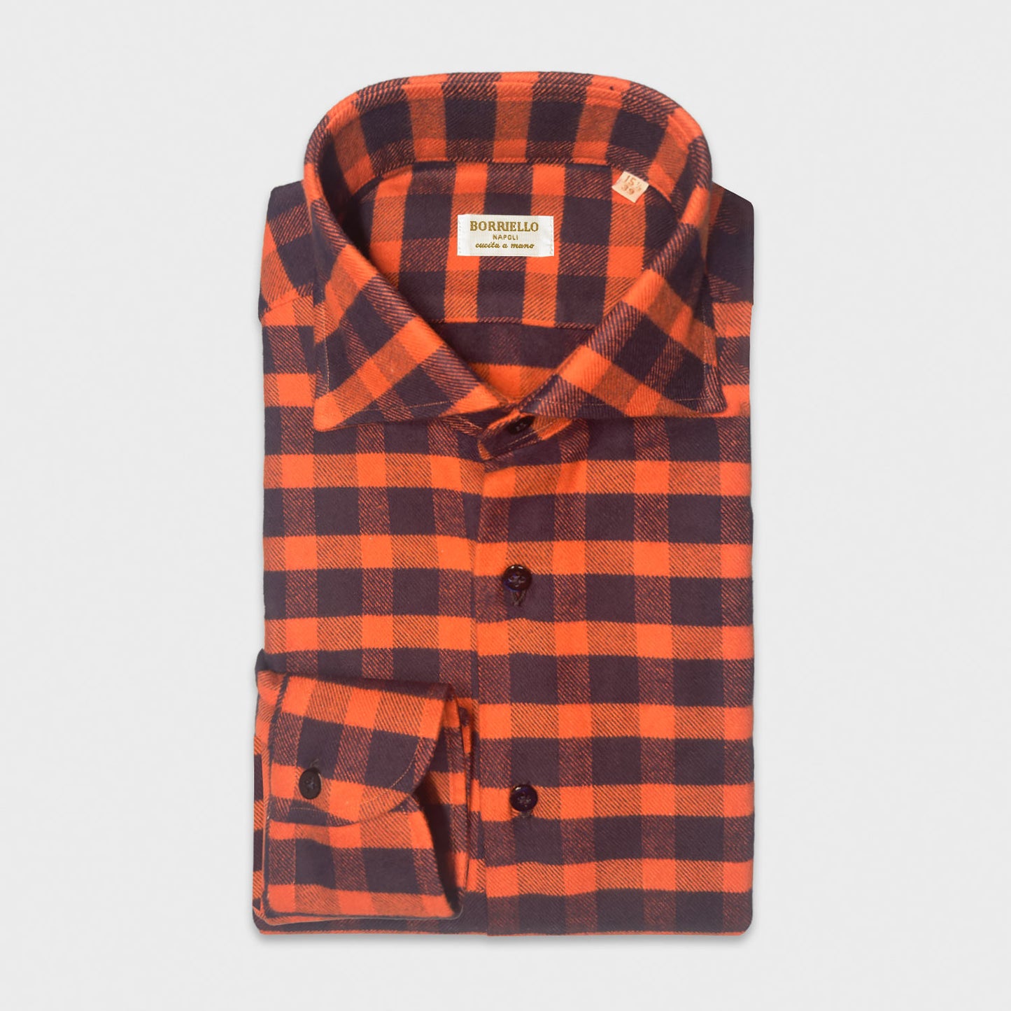 Orange Heavy Cotton Flannel Check Shirt Hand Made in Italy. Plaid shirt Borriello made with a finest and soft Italian heavy flannel cotton, orange and navy blue check pattern, hand made men's casual shirts shop geneva in Wools Boutique Uomo luxury men's clothing in geneva