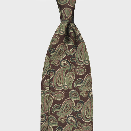 Brown Paisley Silk Tie Handmade Drawing. Paisley pattern silk tie made with a refined handmade drawing paisley with coffee brown backgound, handmade tie F.Marino Napoli exclusive for Wools Boutique Uomo, unlined hand rolled edge